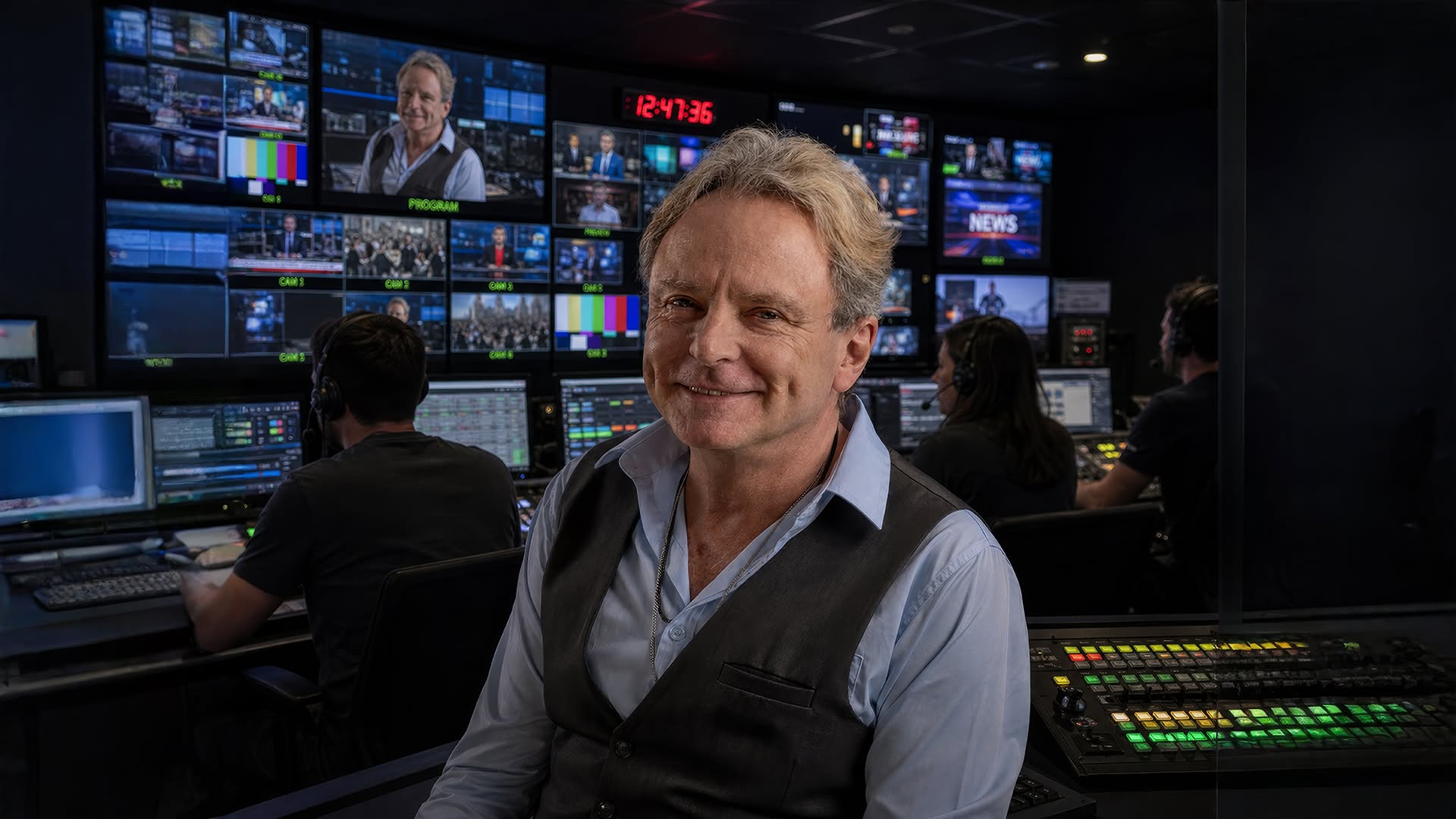 Producer seated in a control room in front of a wall of monitors