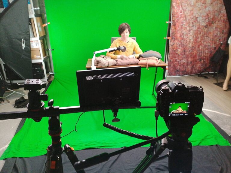 Camera rig filming talent on the green screen