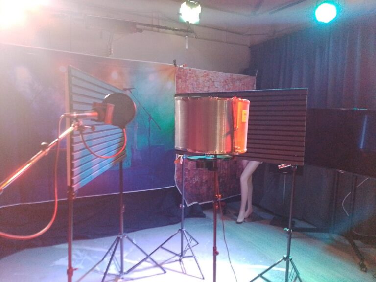 Microphones with reflection shields set up for a vocal session
