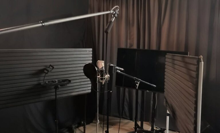 Vocal booth with microphone and acoustic panels